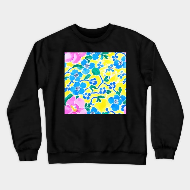 Pink and blue preppy flowers on yellow Crewneck Sweatshirt by SophieClimaArt